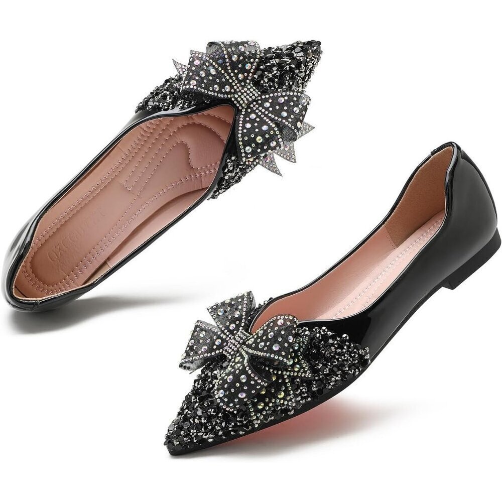 Women's Black Rhinestone Wedding Flats Comfort Pointed Toe Ballet Flat Shoe - Picture 4 of 7